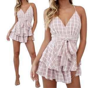 Style Rack Pink Checkered Tiered Skirt Romper Back Tie Dress Summer Ruffle Mini